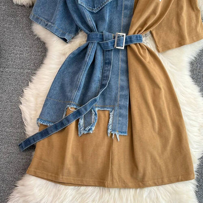 XFPV Women's Sweet high Waist Wrap Belt Round Neck patchwork Denim Shirt  Chic Top Y2k Korean Fashion Spring Summer 2025 SM11327