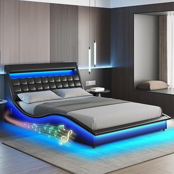 Queen Size LED Bed Frame with Bluetooth Speaker, PU Leather Upholstered Platform Bed Frame with Charging Station, Modern