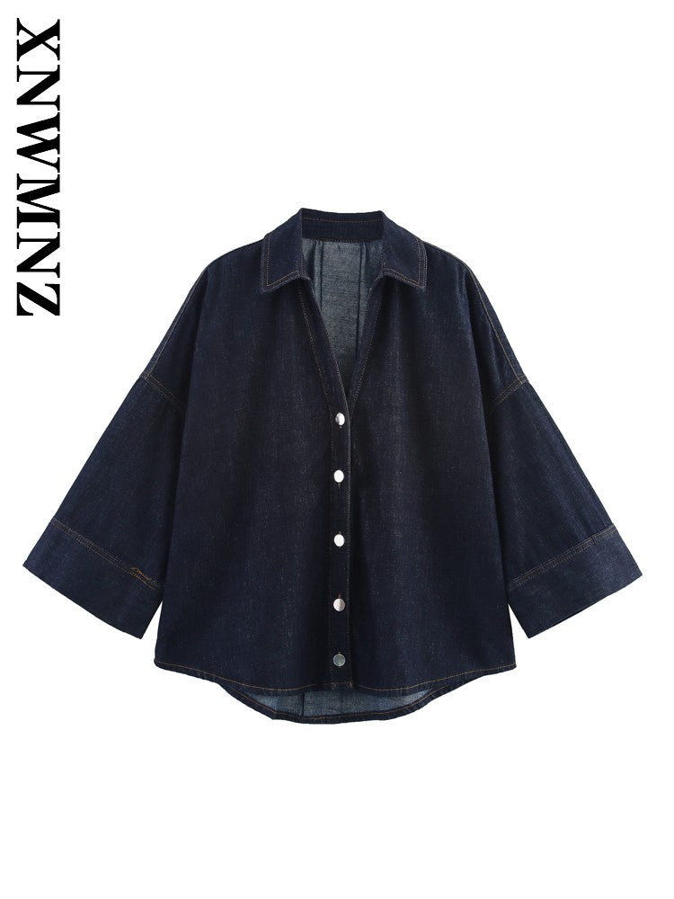 XNWMNZ 2025 Summer Woman's Casual Commuting Long Sleeve Denim Long Sleeve Top Simple Lady Blue Turn-down Collar Fashion Shirt