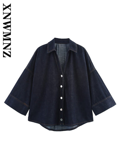 XNWMNZ 2025 Summer Woman's Casual Commuting Long Sleeve Denim Long Sleeve Top Simple Lady Blue Turn-down Collar Fashion Shirt
