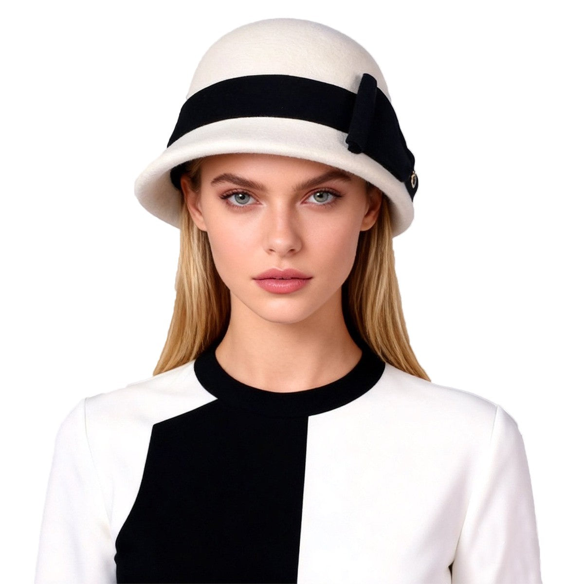 Chapéus de inverno luxuosos e elegantes de lã feltro para mulheres preto/branco com aba enrolada para casamento igreja coquetel chá de festa a rigor