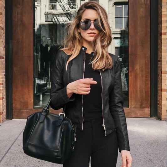New Women Slim Faux Leather Jacket High Street Classic Moto Biker PU Leater Jacket New Spring Autumn Basic Zipper Coat Outerwear