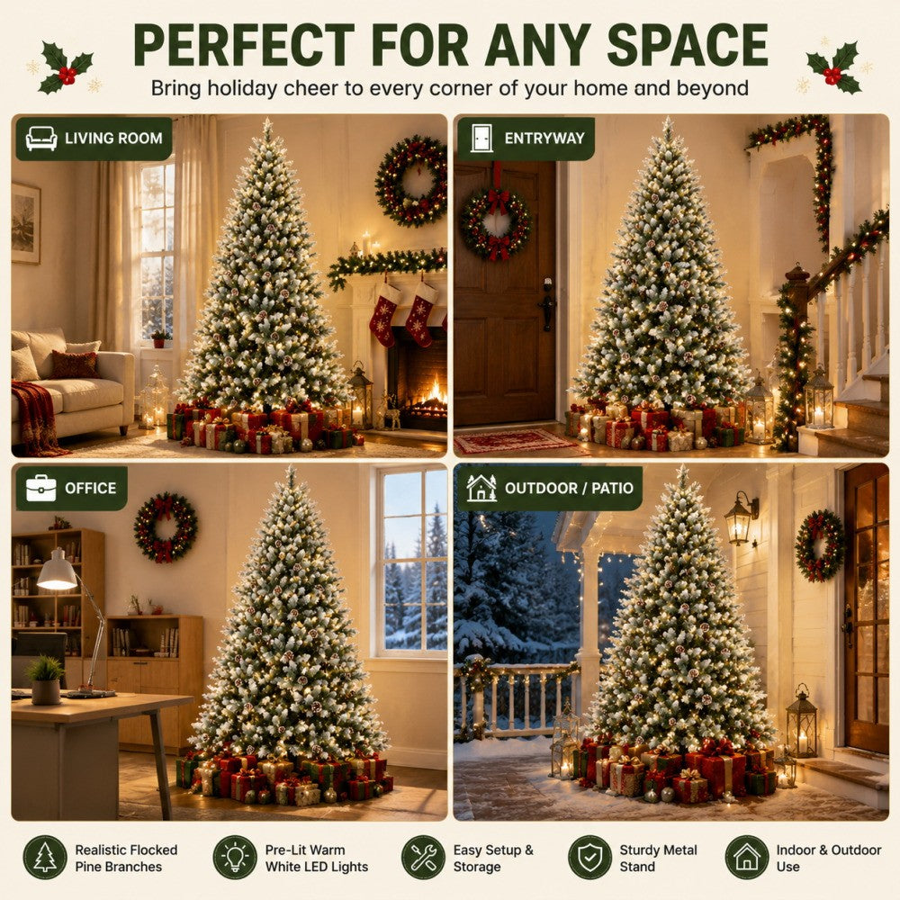 Pre-Lit Flocked Artificial Christmas Tree 6‘/9’ with Warm White LED Lights, Realistic Pine Branches, Snow Covered Xmas Tree, Slim Space Saving Design, Sturdy Metal Stand, Indoor Outdoor Holiday Decoration