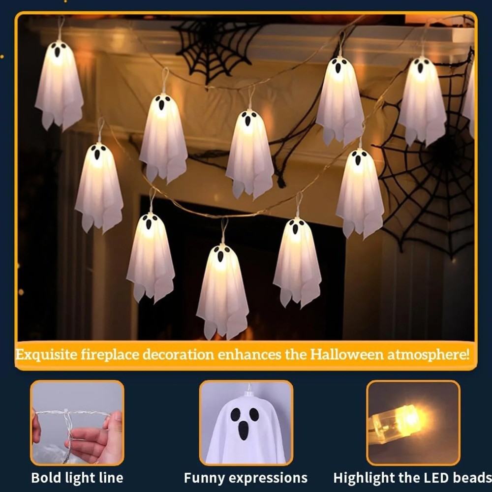 10Pcs LED Spooky Hanging Ghosts Decor, Halloween Ghost String Lights, Battery Operated Light Up Glow Garland for Indoor Outdoor