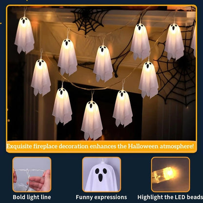 10Pcs LED Spooky Hanging Ghosts Decor, Halloween Ghost String Lights, Battery Operated Light Up Glow Garland for Indoor Outdoor
