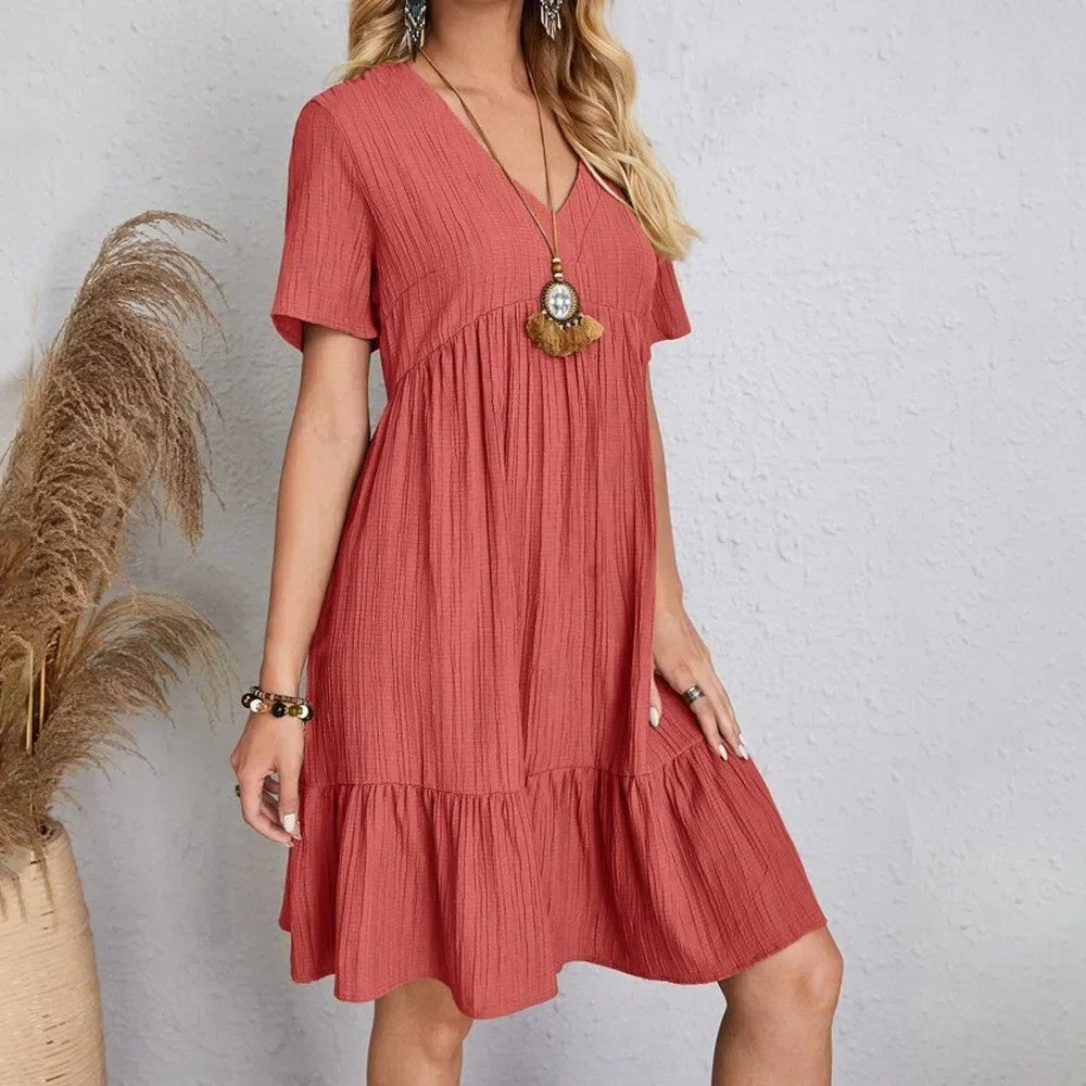 Women Summer Peplum Dresses Spring V-Neck Short Sleeve Loose Waist Ruffle Fit Fl