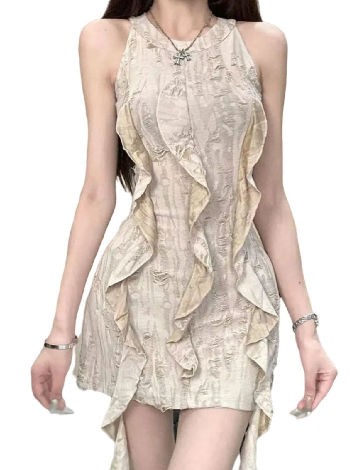 Ruffle Collar Halter Bodycon Dress Women Vintage Inspired Innocent Seduction Aesthetic Summer Body Hugging Pencil Skirt Modern C