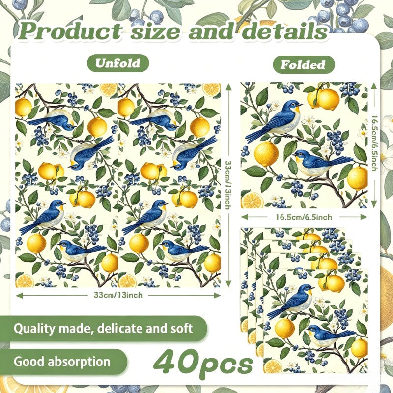 20/40/60pcs Bird Lemon Blueberry Flower Themed Party Napkins, Suitable for Party Tea Parties, Birthdays, and Desktop Decoration