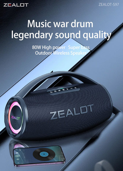 Alto-falante sem fio ZEALOT S97 80W, Subwoofer portátil para uso externo, Qualidade de som Hifi, Emparelhamento duplo, Carregamento rápido, 16000mAh.