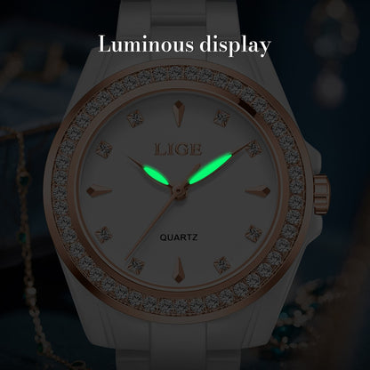 LIGE Fashion Elegant Watch for Women Ceramics Strap Diamond wristwatch Luxury Ladies Bracelet Quartz Watches Gifts Reloj Mujer
