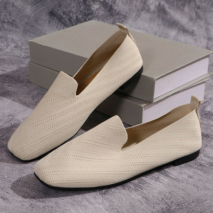 2025 Solid Color Square Toe Mesh Loafers Shallow Women Flats Shoes Soft Bottom Knit Ballet Flats Shoes Casual Slip on Shoes