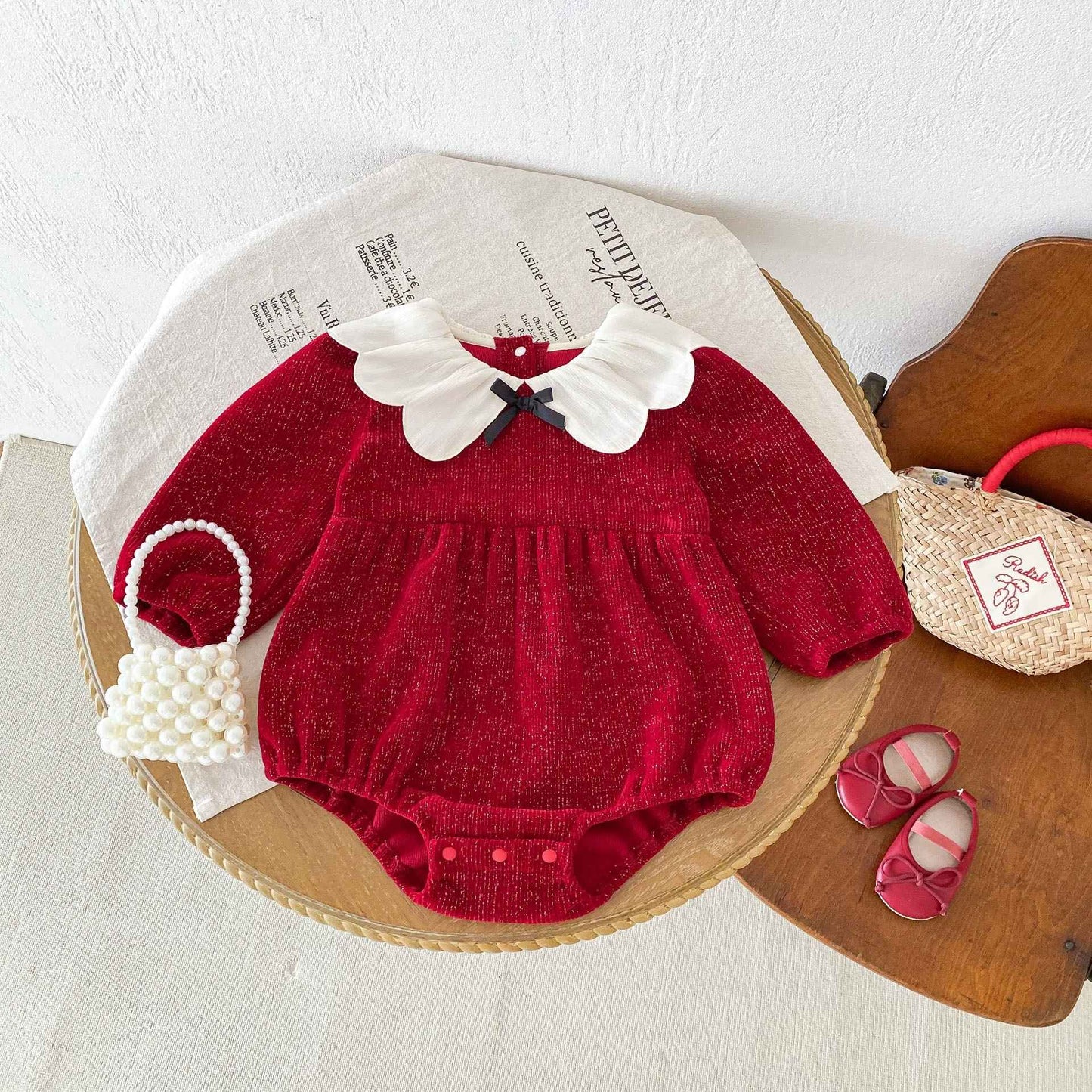 Newborn Christmas Red Clothes Autumn Kids Baby Girls Sweet Petal Collar Princess Rompers Infant New Baby Girls Rompers Clothes