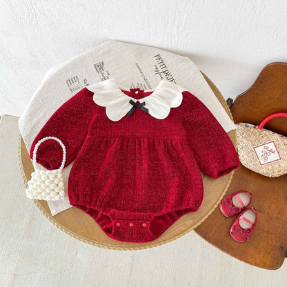 Newborn Christmas Red Clothes Autumn Kids Baby Girls Sweet Petal Collar Princess Rompers Infant New Baby Girls Rompers Clothes