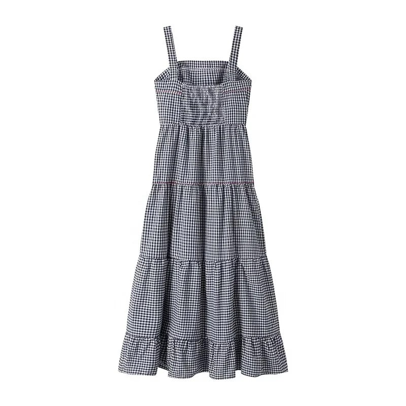 MUJER Plaid Slip Long Dress Woman Embroidery Ruffle Summer Dresses 2025 Sleevele