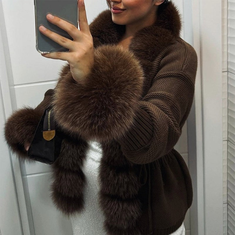 Elegant Knitted Faux Fur Patchwork Women's Coat Thicken Lady Coats 2025 Autumn Winter Chic Female Street Warm Outerwears