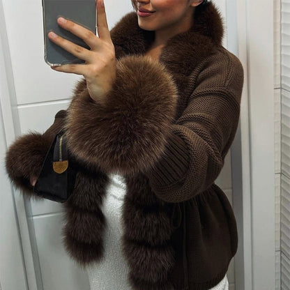 Elegant Knitted Faux Fur Patchwork Women's Coat Thicken Lady Coats 2025 Autumn Winter Chic Female Street Warm Outerwears