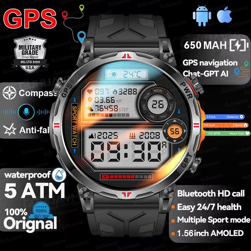 2025 Novo Relógio Inteligente Militar GPS para Exteriores Masculino 650mAh Bússola Altímetro 10ATM à Prova D'água Frequência Cardíaca Chamada Esportiva Smartwatch