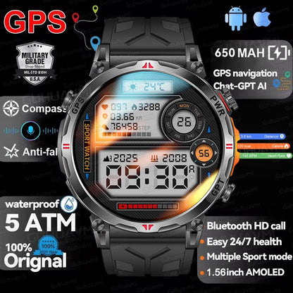 2025 Novo Relógio Inteligente Militar GPS para Exteriores Masculino 650mAh Bússola Altímetro 10ATM à Prova D'água Frequência Cardíaca Chamada Esportiva Smartwatch