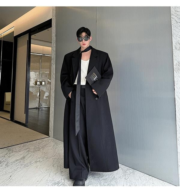 Mauroicardi Spring Autumn Extra Logn Black Oversized Flowy Soft Trench Coat for Men with Back High Slit Loose Casual Overcoat