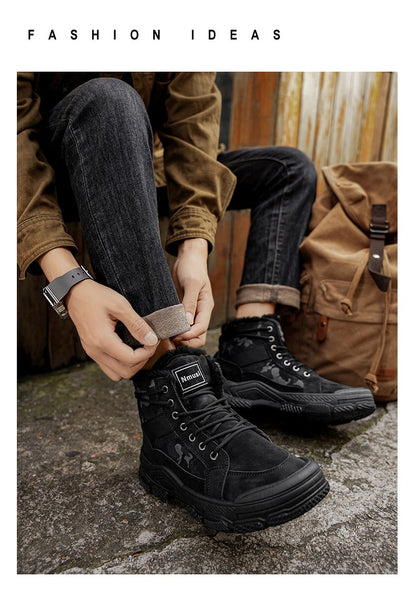 Winter Fleece Warm High-top Men's Shoes Trendy Casual Outdoor Solid Color Mid-top Fashionable Round Toe Plus-size Snow Boots