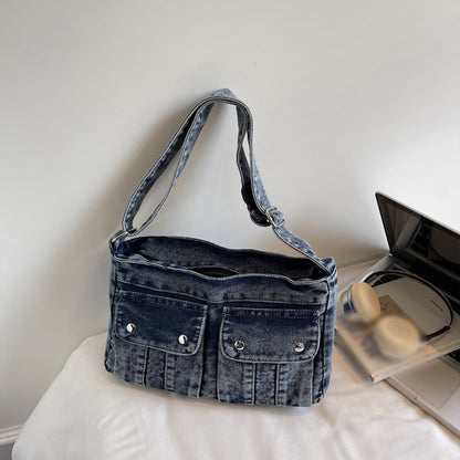 Vintage Washed Canvas Fashionable Bag, Women's Crossbody Bag, Large Capacity Commuting Casual Denim Shoulder Bag