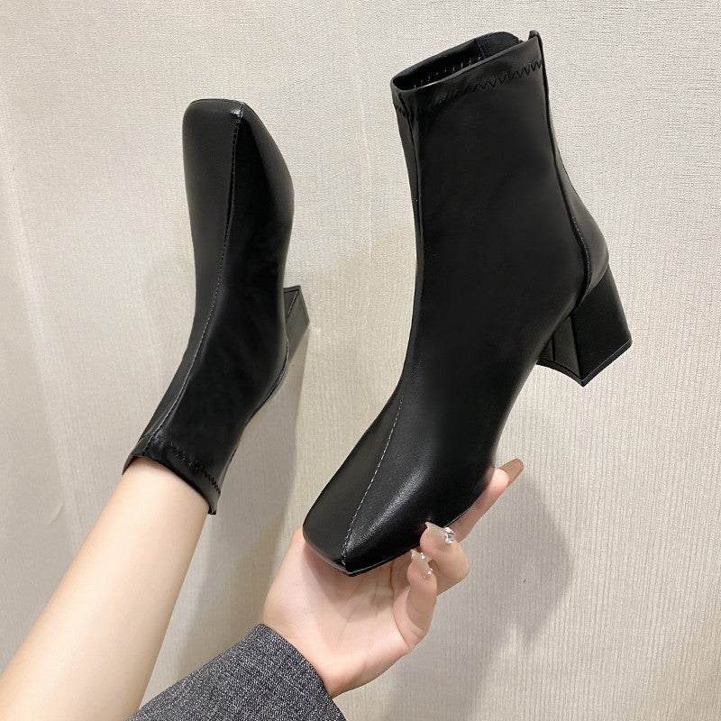 Casual Women's Thick Heel Medium Heel Boots Women's 2025 New Winter Square Toe Back Zipper Heightening Short Boots