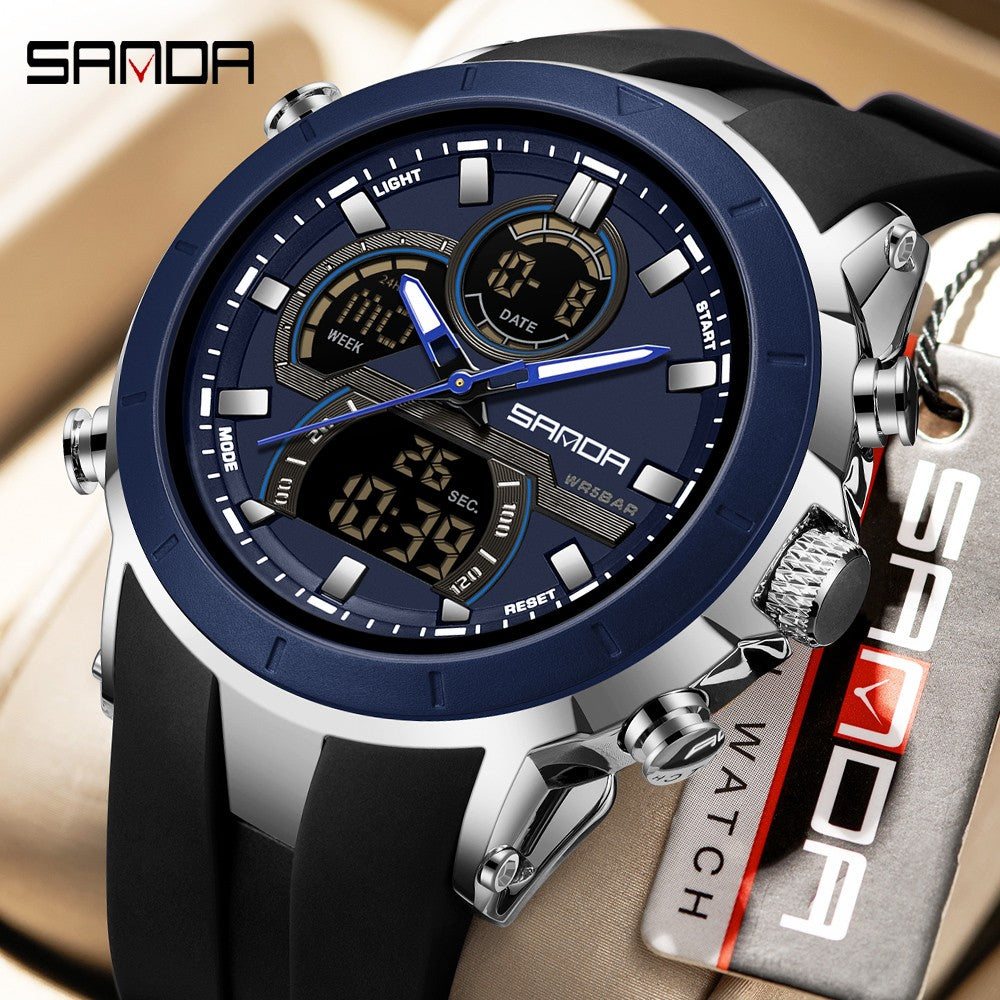 SANDA Mens Watches Countdown Waterproof Alarm Clock Wristwatch Multifunctional Luminous Men Quartz Digital Watch Alarm Clock