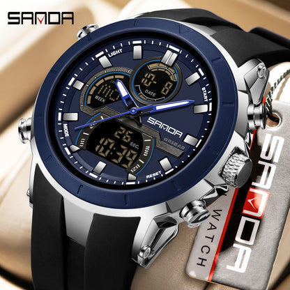 SANDA Mens Watches Countdown Waterproof Alarm Clock Wristwatch Multifunctional Luminous Men Quartz Digital Watch Alarm Clock