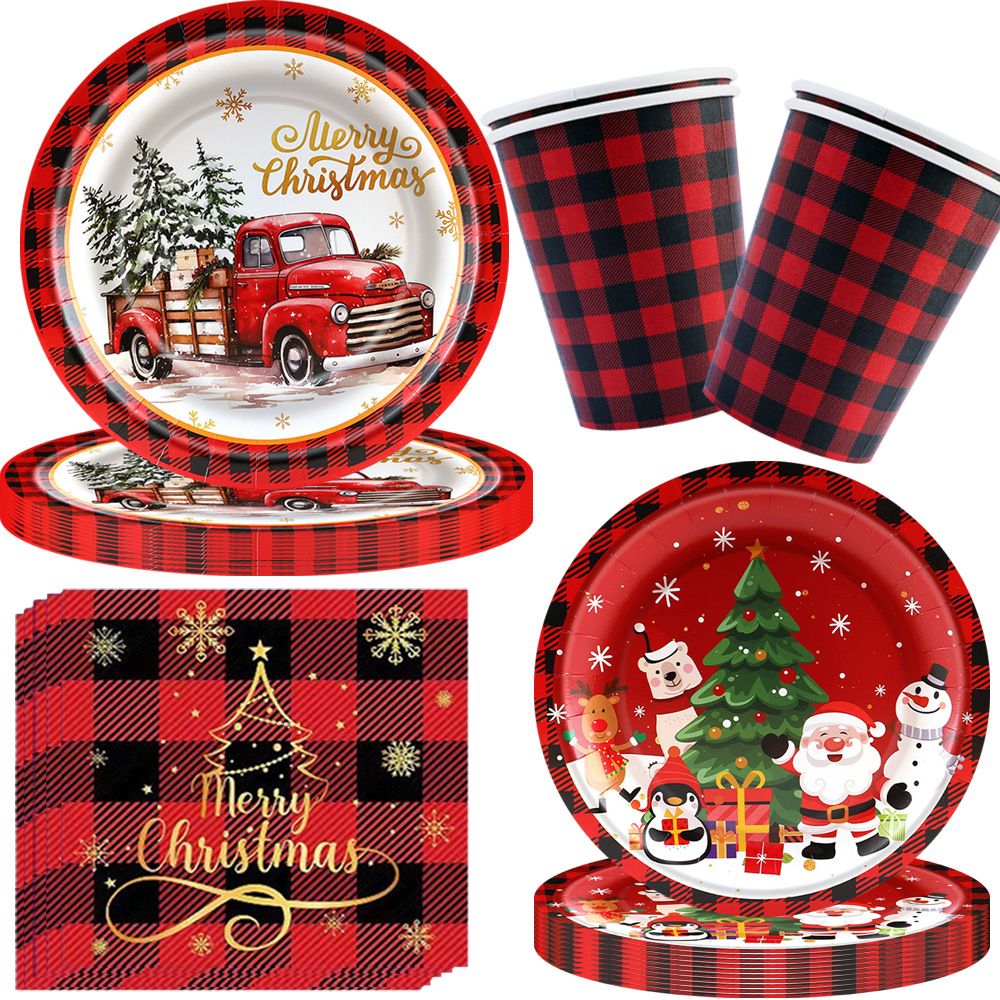 Christmas Theme Party Tableware Red Plaid Christmas Car Disposable Tableware Set Paper Plate Party Decoration Supplies