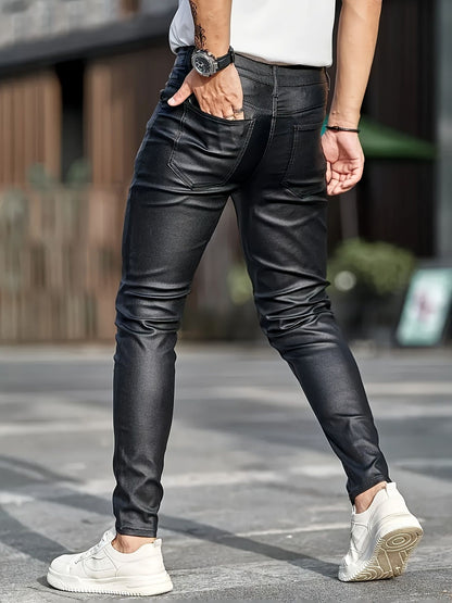 European and American men's plus size hot fashion black leather pants trend high-end slim fit small leg pants versatile pants