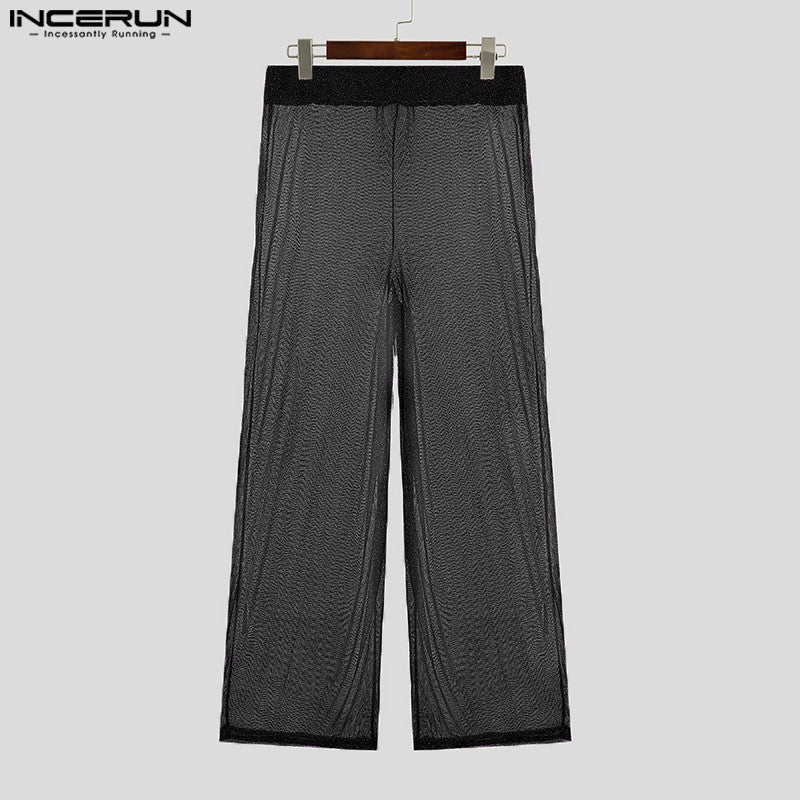 Shiny Men Casual Trousers 2024 Men Fashion Long Pnats INCERUN Elastic Waist See Through Wide Leg Bottoms Trousers Men