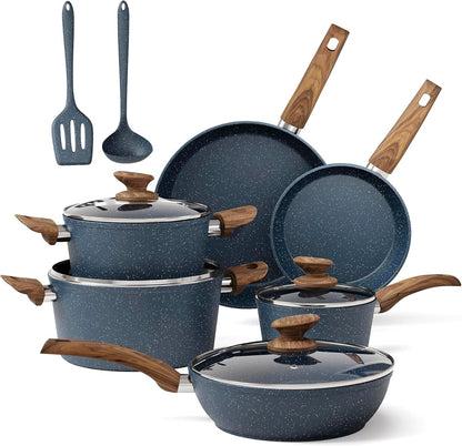Conjunto de Panelas e Frigideiras Antiaderentes, 12 Peças em Granito Verde Compatíveis com Indução, Conjunto de Panelas para