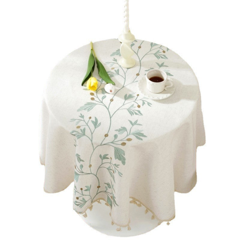 Embroidery Round Tablecloth, Cotton Linen Flower Dust Proof Table Cover, for Kitchen Dining Room,Party,Birthday Tabletop Decor