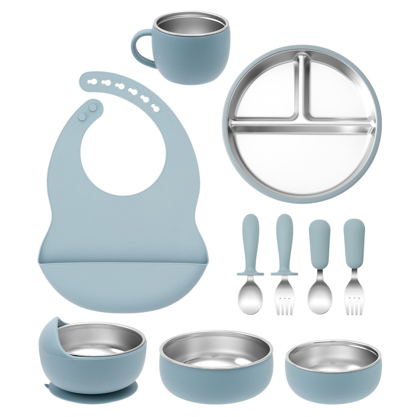 Color Kids 10PCS Infant Feeding Set Stainless Steel Silicone Tableware With Detachable Bowl Plate Bib Weaning Utensils For Baby