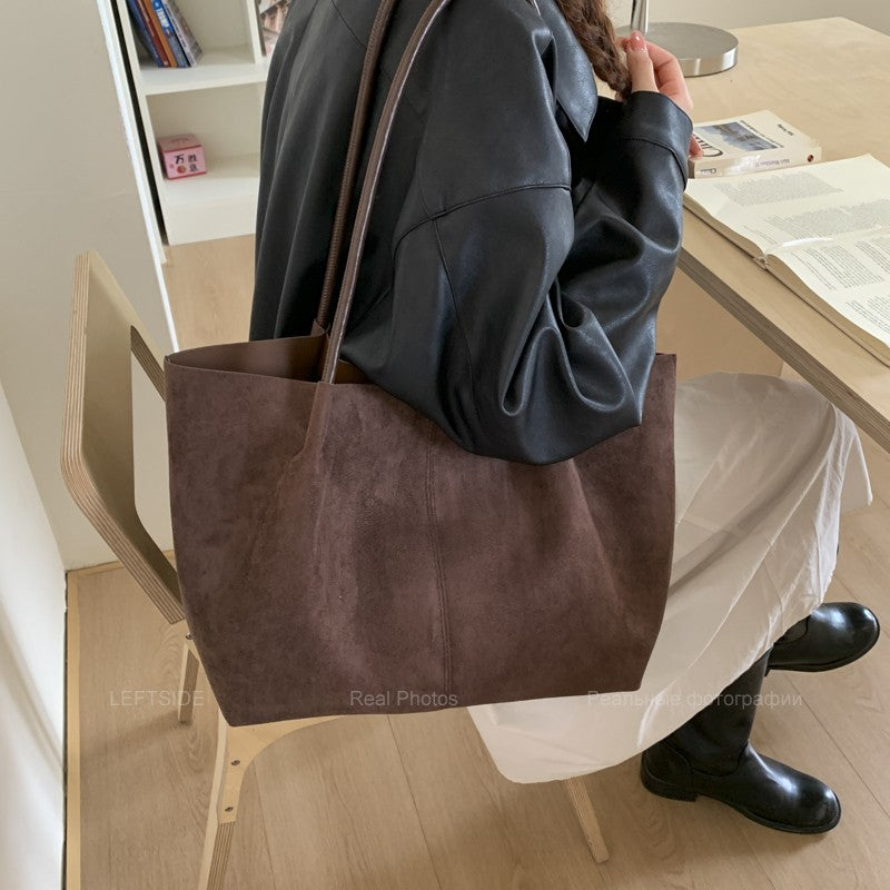 LEFTSIDE Women Faux Suede Shoulder Bag 2025 Winter Retro Soft Tote Bag Luxury Designer Trend Female High Capacity Handbags