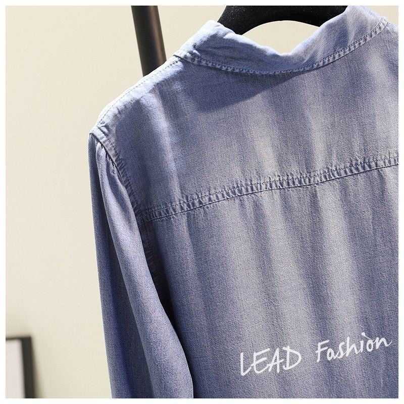 Fashion Women's Clothing Shirt Medium Long Containing Cotton Shirt Loose Fit Long Sleeve Double Pocket Rolled Sleeve Thin Blouse