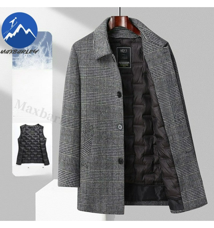 Maxbarley Winter Down Coat Lightw Luxurious Detachable Lining Working Cold Proof Overcoat Mens Mid Length Warm Woolen Trench