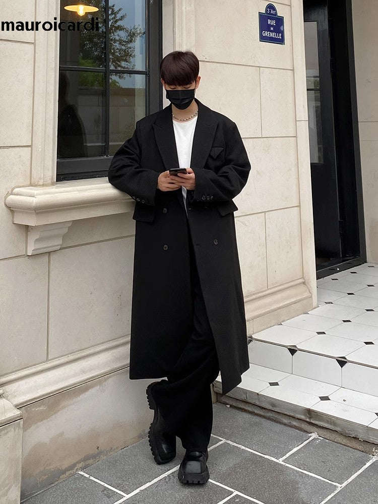 Mauroicardi Autumn Winter Long Warm Coffee Black Soft Woolen Coat Men Double Breasted Loose Casual Wool Blends Overcoat 2023