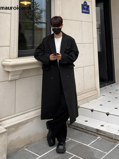 Mauroicardi Autumn Winter Long Warm Coffee Black Soft Woolen Coat Men Double Breasted Loose Casual Wool Blends Overcoat 2023