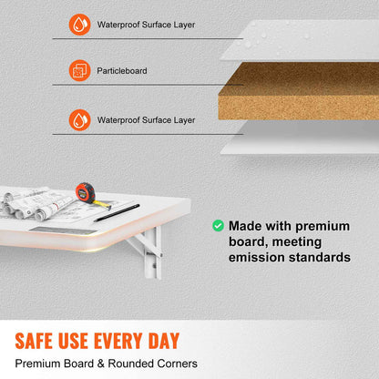 SucceBuy Wall Mounted Folding Table Drop Leaf  Floating Desk with Bracket Fold Down for Home Office Room Kitchen Space-Saving