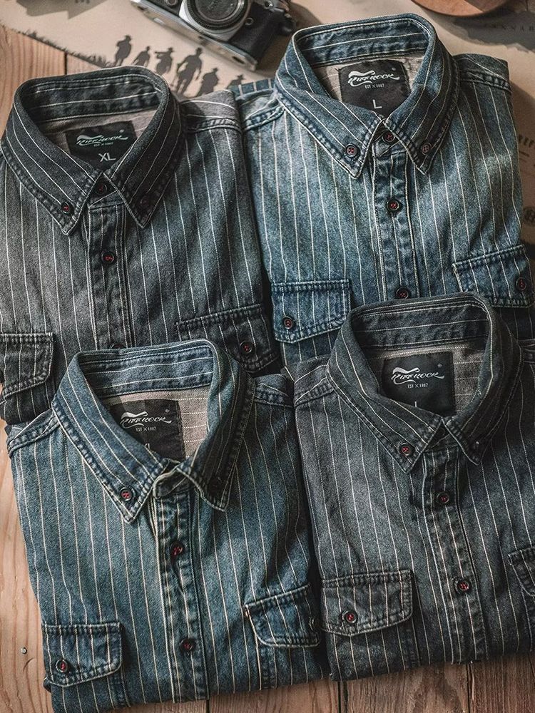 Streetwear Men's Denim Shirts Casual Long Sleeve Buttoned Lapel Striped Blouse Shirt for Men Spring Casual Cargo Shirt Tops