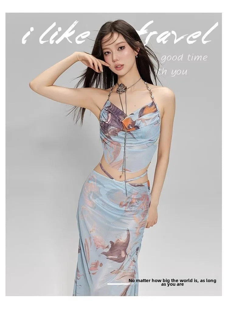 2024 New Three-Piece Bikini Set Beach Vacation Hot Spring Trip Slimming Long Skirt Separate Swimsuit Meat Concealing Photography