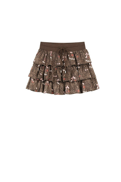 ELFSACK Y2K Sweet Leopard Bow Pleated Tiered Tie Short Skirt For Women