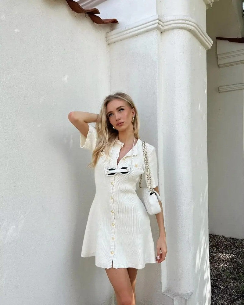 Trendix Elegant Knit Mini Dress Women Street Slim High Waist Short Sleeve Rib Sw