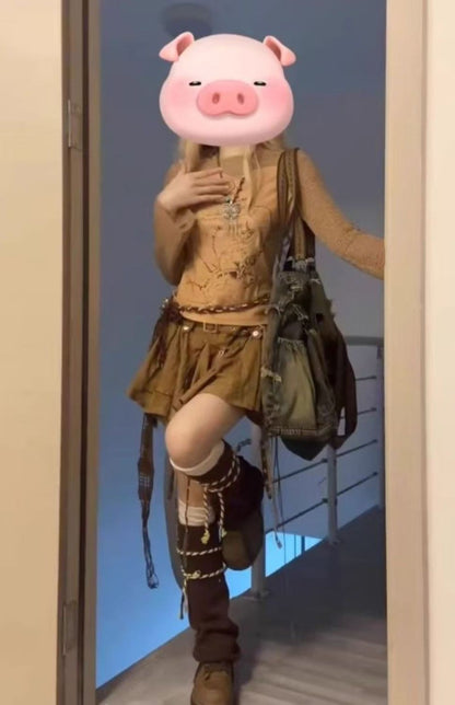 High Street Fashion Brand Brown Gothic Harajuku Fashion Skirt Retro Striped Casual Loose Streetwear Pleated Short Skirt Women