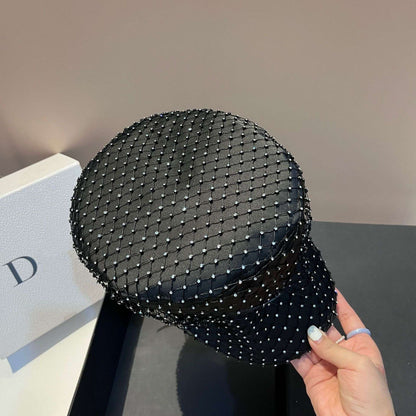 Chapéu Elegante com Strass em Malha Preto Versão Coreana de Alta Qualidade Moda Leve Luxo Estilo Pequeno e Perfumado Chapéu de Aba Reta Bico de Pato
