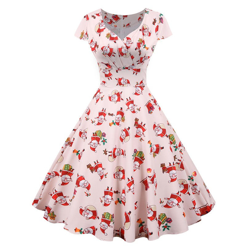 Fashion V-neck Short Sleeve Printed Christmas Dress Large Swing Vintage Elegant Xmas Party Dress