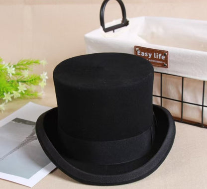 Wool Flat Man Top Hat Fashion Fedora Hats Versatile Panama Magician Cap Gentleman Cylinder Strap Steampunk Unisex Elegant