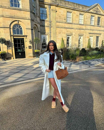 Elegant White Lapel Woolen Long Coat Women Fashion Full Sleeve Single-breasted Warm Loose Coats Lady Winter Commute Street Wear