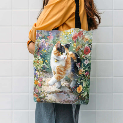 Watercolor Illustration of Cute Charming Calico Cat Print Shoulder Bag for Men Women Reusable Lightweight Portable Handheld Bag
